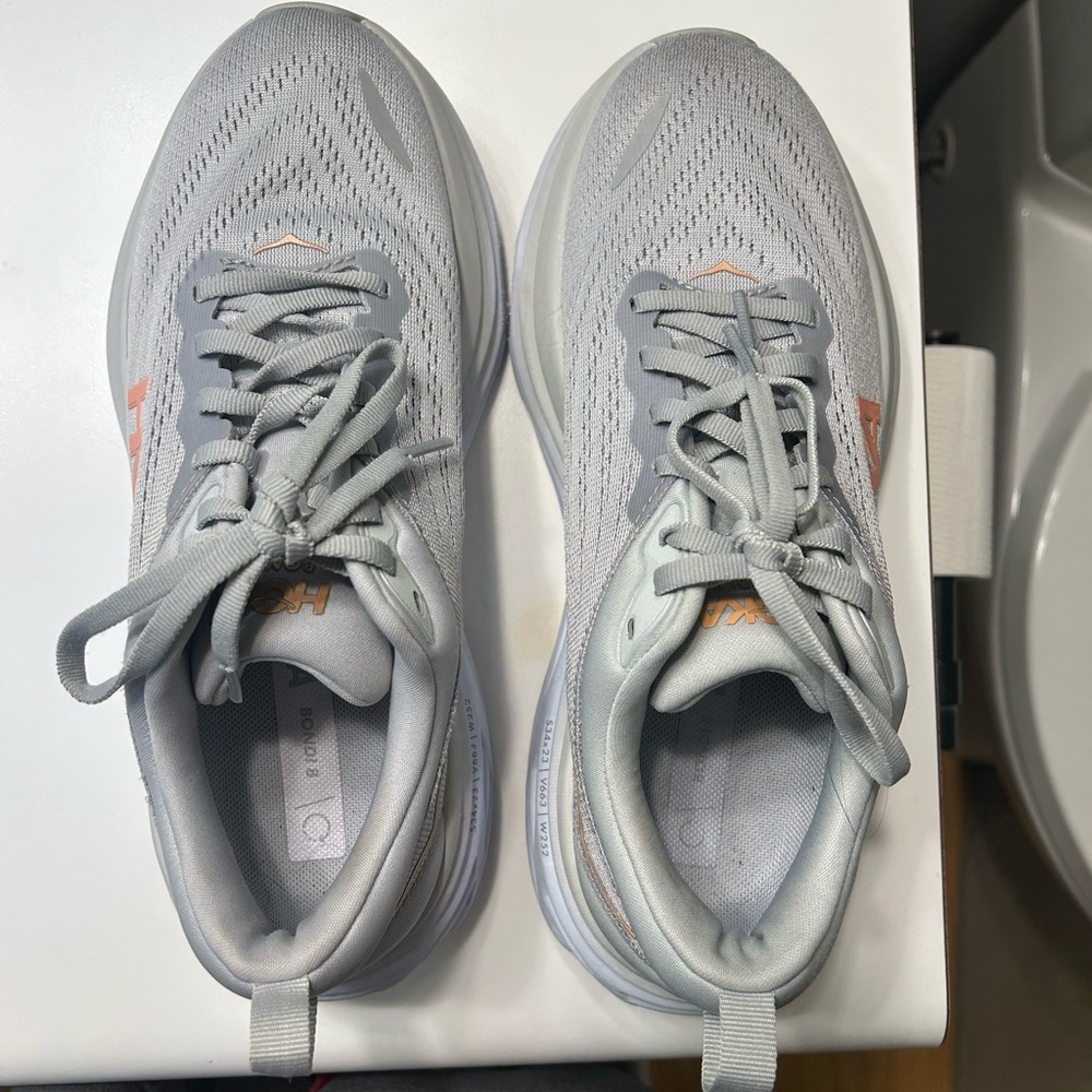 Hoka Bondi 8 in Harbor Mist and Lunar Rock Gray Athletic Shoes Width B - Picture 12 of 13